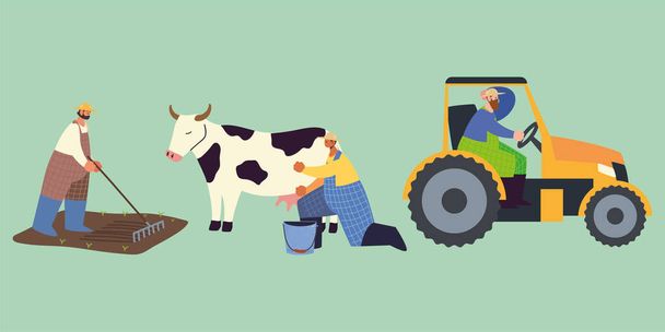 farm and agriculture farmer with tractor cow and planting work - Vector, Image