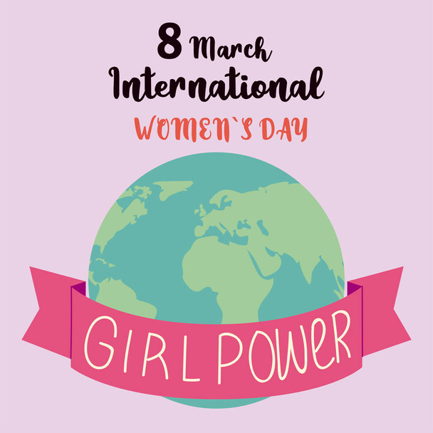 día de las mujeres, mundo y letras bandera de poder chica - Vector, Imagen