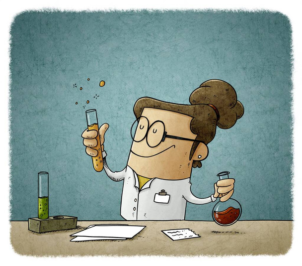 illustration of female scientist is mixing liquids in test tubes. Vaccine search concept. - Photo, Image