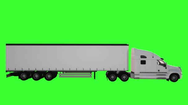 Een lussen animatie van een witte truck met een trailer op een groene achtergrond. Zijaanzicht - Video