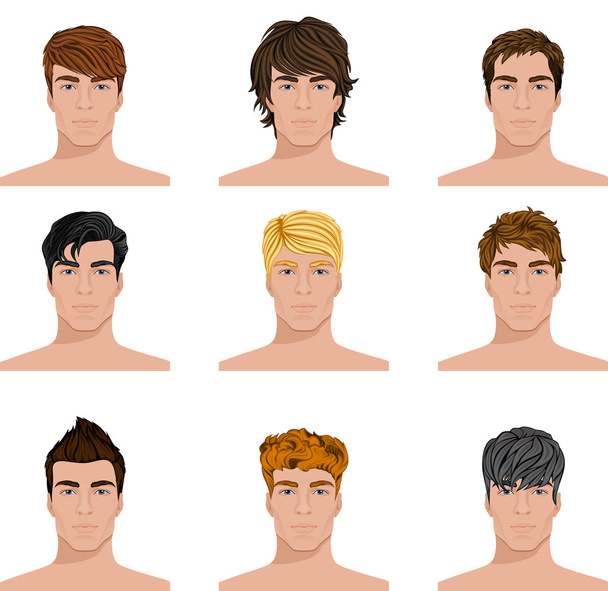Different hairstyle men faces icons set - Vector, Image