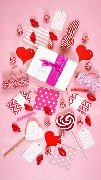 Valentines Day on-trend top view blog hero header creative composition flatlay. - Photo, Image