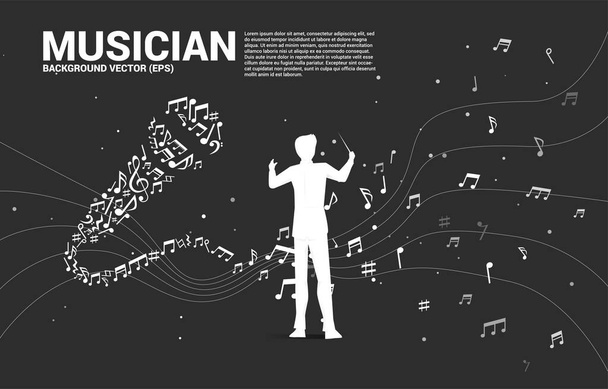 Vektor-Silhouette des Dirigenten mit Schallwellen-Mikrofon-Ikone aus der Musiknote Melodie tanzen. Karaoke und Konzert grafisches visuelles Stilkonzept - Vektor, Bild