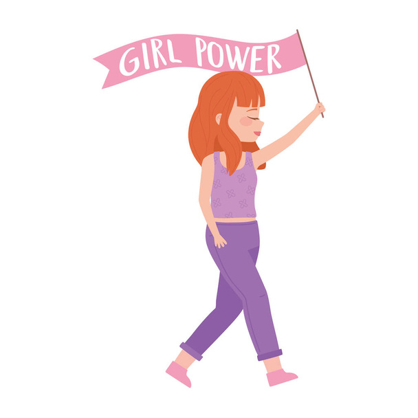 ημέρα των γυναικών, κορίτσι κρατώντας σημαία με κορίτσι δύναμη κείμενο - Διάνυσμα, εικόνα