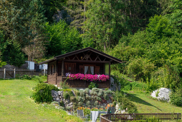 pequeña casa de vacaciones de madera rodeada de naturaleza - Foto, Imagen