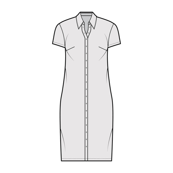 Shirt dress technical fashion illustration with classic regular collar, knee length, oversized, short sleeves, button up - Vector, Image