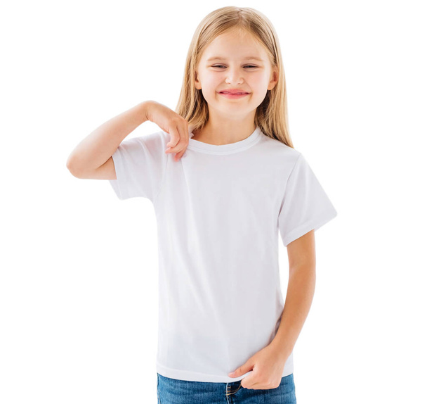 Little girl in new white t-shirt - 写真・画像
