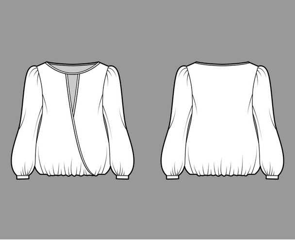 Скрытая блузка техническая модная иллюстрация с буффантовыми длинными рукавами, подол, широкая замотанная шея, негабаритные - Вектор,изображение