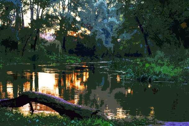 Petite rivière au coucher du soleil - Vecteur, image
