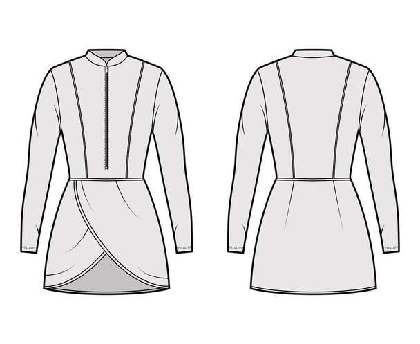 Túnica ilustración técnica de moda con cremallera cuello henley, mangas largas, cuerpo ajustado, dobladillo pétalos. Camisa plana modesta - Vector, Imagen