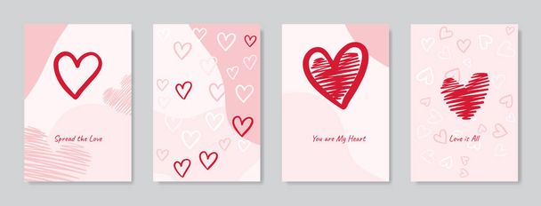 Valentine's day concept posters set. Vector illustration. Flat red and pink paper hearts with frame on geometric background. Cute love sale banners or greeting cards - Vettoriali, immagini