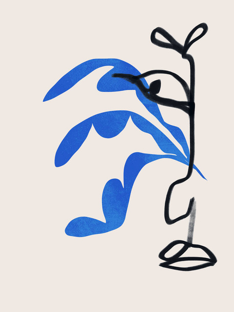 Parte del viso e naso e labbra con francese collage blu fiore.. Trendy arte moderna semplice e minimalista. Illustrazione di design per prodotti artistici e poster. Atmosfera di Matisse e Bauhaus. - Foto, immagini
