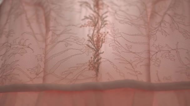 Kralen lijfje van een lichtroze trouwjurk hangend boven de ingang, close-up - Video