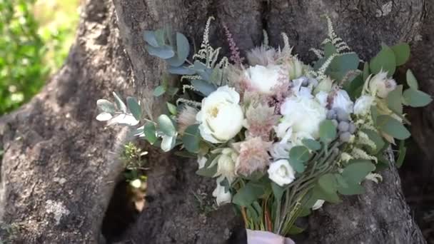 Delicate bridal bouquet of roses, lisianthus, astilba and eucalyptus branches lies on the ground near a tree trunk - Footage, Video