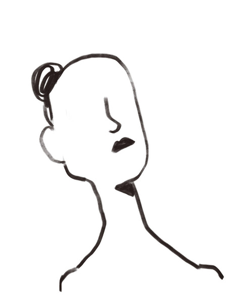 Retrato de línea de mujer con moño de pelo. Boceto sin rostro. Diseño de ilustración para el producto artístico y la industria de la moda. Aislado sobre blanco. Arte moderno y minimalista. - Foto, Imagen
