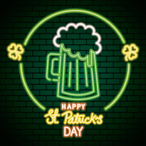 Heiliger Patricks Tag Neonlicht mit Bier trinken - Vektor, Bild