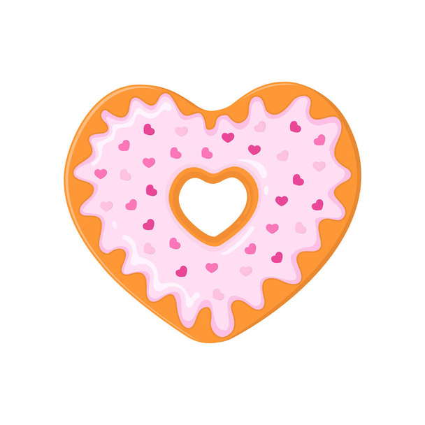 Пончик в форме сердца, украшенный розовой глазурью и крошечными побрякушками в форме сердца. Пончик на День Святого Валентина изолированы на белом фоне. Векторная иллюстрация - Вектор,изображение
