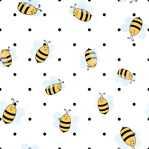 Szczęśliwe pszczoły, ładny płaski wzór wektor ilustracji nad małym czarnym polka kropka tło, bezszwowy wzór. - Wektor, obraz