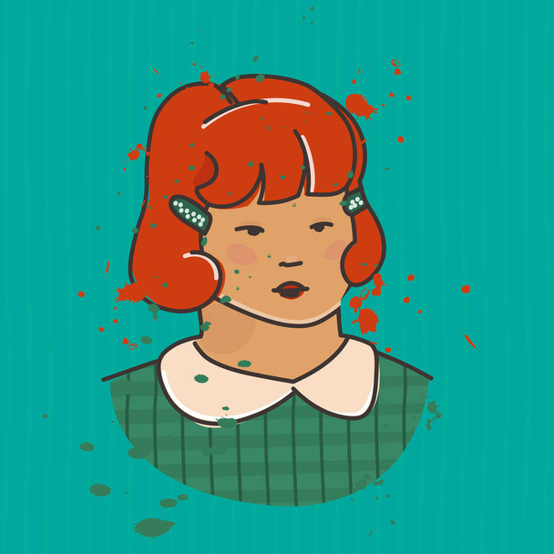 Vector multicolor retro style illustration. Portrait of a red-haired young girl. - Vektori, kuva