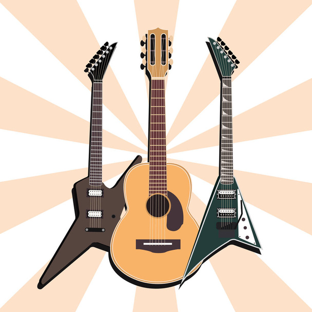 violões acústicos e elétricos instrumento musical, fundo sunburst - Vetor, Imagem