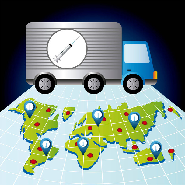 World vaccine covid 19 coronavirus truck distribution vaccination map - Wektor, obraz