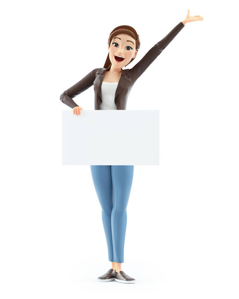 3D boldog rajzfilm nő gazdaság placard, illusztráció elszigetelt fehér háttér - Fotó, kép