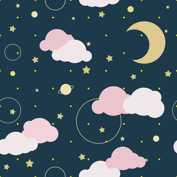 Blue stars night sky with pink clouds and moon, vector seamless pattern. - Vector, Image