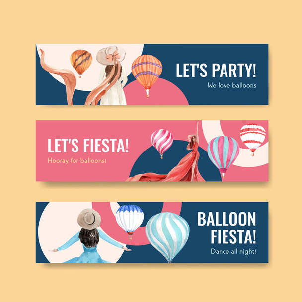 Modelo de banner com design de conceito de fiesta de balão para marketing e anunciar ilustratio vetor aquarela - Vetor, Imagem