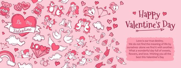Valentine's day banner illustration. Background template for Valentine's Day celebration with Hand drawn design elements and sample text - Vetor, Imagem