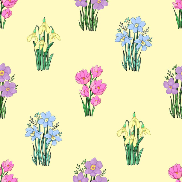 Tavaszi vadvirágok. Botanikai háttér. Elszigetelt vektor zökkenőmentes minta. - Vektor, kép