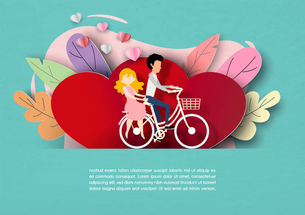 Parejas en personaje de dibujos animados montan en bicicleta en corazones gigantes rojos y hojas coloridas escena en estilo de corte de papel con textos de ejemplo sobre fondo de patrón de papel verde claro. - Vector, imagen