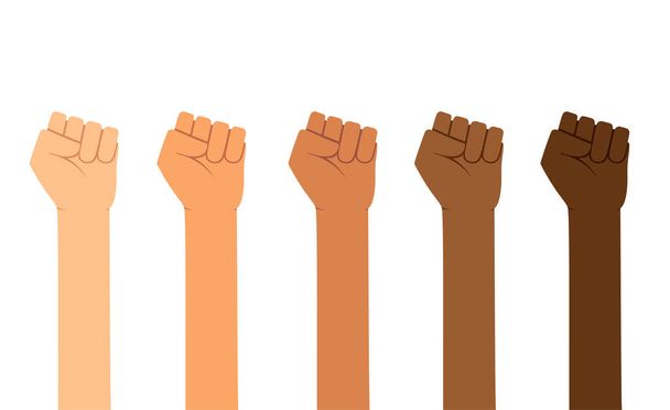 Different skin colors fist hands rise up. Empowering, Labor day, humans right, fight concept - Вектор,изображение