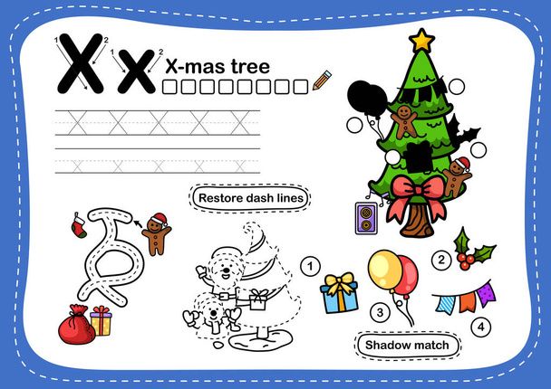 Alphabet Letter X- x-mas tree Übung mit Cartoon-Vokabular Illustration, Vektor - Vektor, Bild