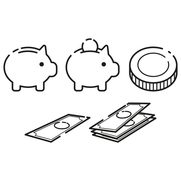 Cute piggy bank with a coin. Stack of money. Cash. Thin line icons for web, applications and design. Minimalistic flat style. Set. - Vektor, kép