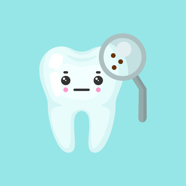 Tooth with a magnifying glass with emotional face, cute colorful vector icon illustration - Vector, Image