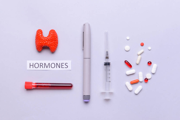 Word HORMONES, thyroid gland, pills, blood sample and syringe on grey background - Photo, Image