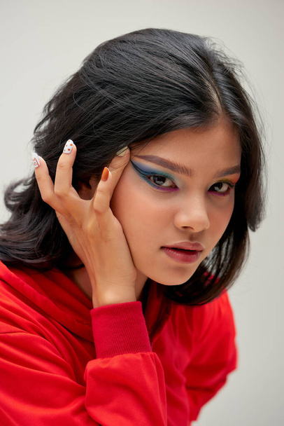 Beautiful Fashion Girl's Face. Make-up and Manicure. - Photo, Image