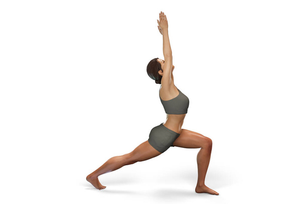 Женщина в позиции йоги "Воин-1", или Вирабхадрасана, 3D иллюстрация - Фото, изображение