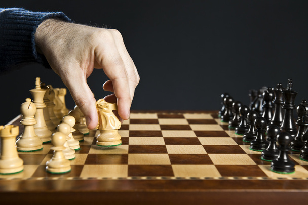 Hand moving knight on chess board - Φωτογραφία, εικόνα