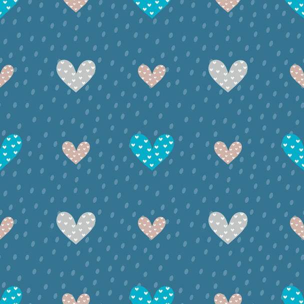 Blauw naadloos patroon van hartjes en stippen voor het bedrukken op pakpapier, stof, textiel, beddengoed, spreien.  - Foto, afbeelding