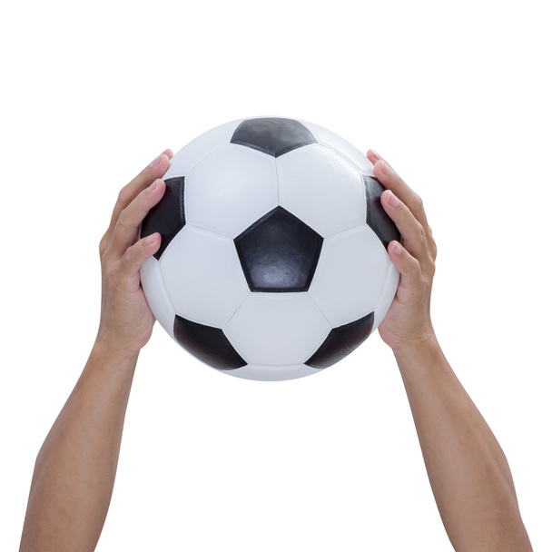 Soccer ball in hands isolated on white background, clipping path - Zdjęcie, obraz