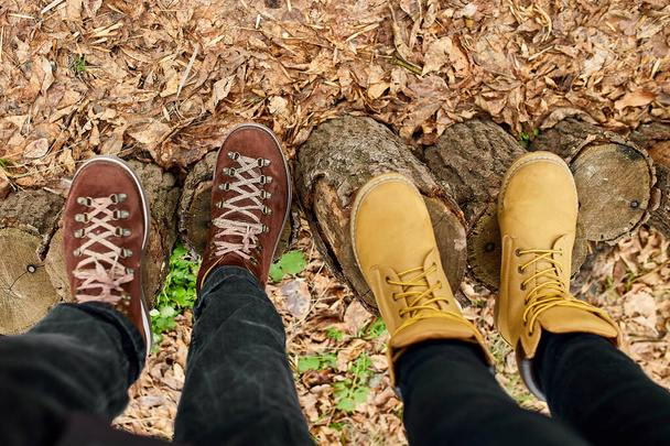 Modern young couple hiking boots on wooden stump on fallen autumn leaves in the forest, outdoor travel concept, top view, Love forever, valentine day, copy space. - Photo, Image