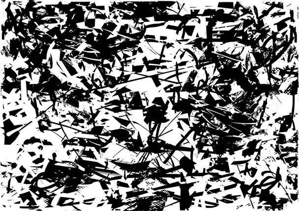 Тревожный фон в черно-белой текстуре с точками, пятнами, царапинами и линиями. Абстрактная векторная иллюстрация. - Вектор,изображение