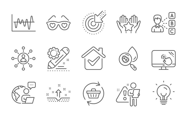 Networking, Water analysis and Project edit line icons set. Targeting, Clean skin and Touch screen signs. Energy, Refresh cart and Opinion symbols. Ranking, Stock analysis and Love glasses. Vector - Vektor, kép