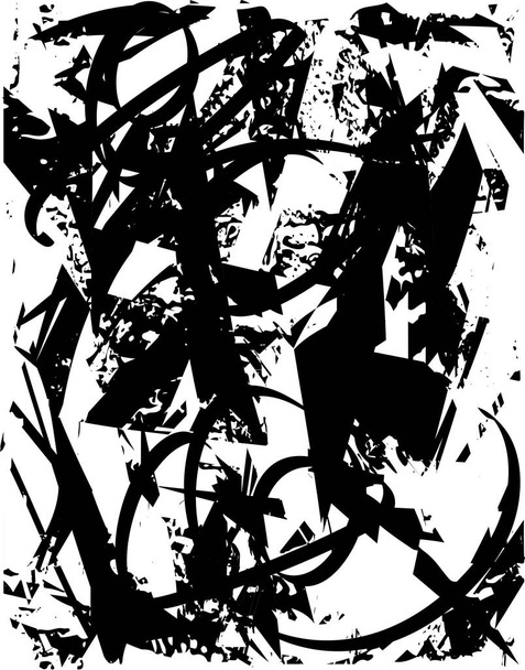 Gestörter Hintergrund in schwarz-weißer Textur mit Punkten, Flecken, Kratzern und Linien. Abstrakte Vektorillustration. - Vektor, Bild