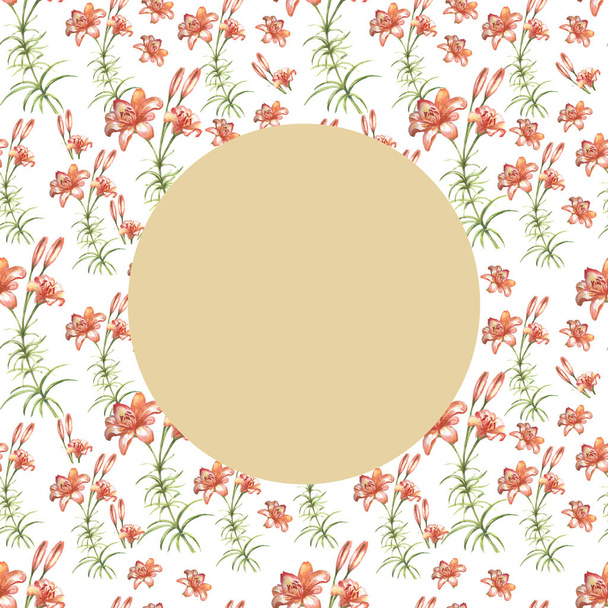 Lily çiçekleri turuncudur. El çizimi suluboya çizimi. Çiçek açan doğa tebrik kartı. Kusursuz desen - Fotoğraf, Görsel