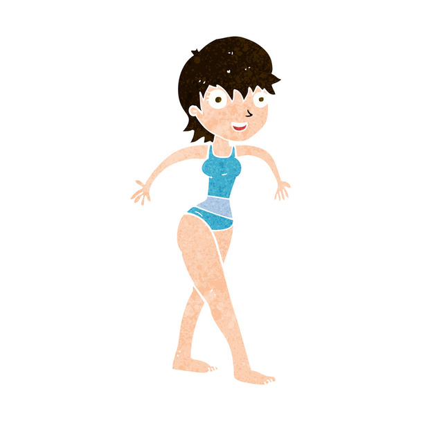 ευτυχισμένη γυναίκα κινουμένων σχεδίων στο κολύμπι κοστούμι - Διάνυσμα, εικόνα