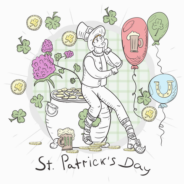 Hahmotella kuva tarra banneri tyyliin lasten doodle koristeluun malleja teema St. Patricks Day, Mies menninkäinen puku istuu potin kultaa - Vektori, kuva