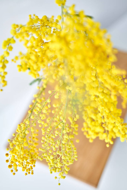 Belles branches de mimosa dans un vase en verre sur le rebord de la fenêtre. Fleurs jaunes ensoleillées sur table blanche près de la fenêtre - Photo, image