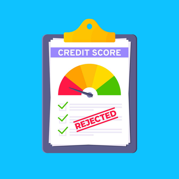 Indicatore di tachimetro scartato del punteggio di credito con livelli di colore negli appunti. - Vettoriali, immagini